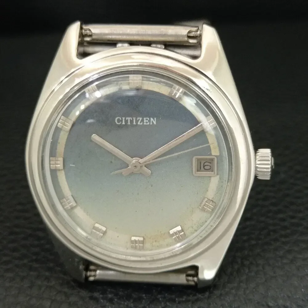 Vintage 1976 Citizen Manual Mens Silver Watch W/daydate & Blue accents